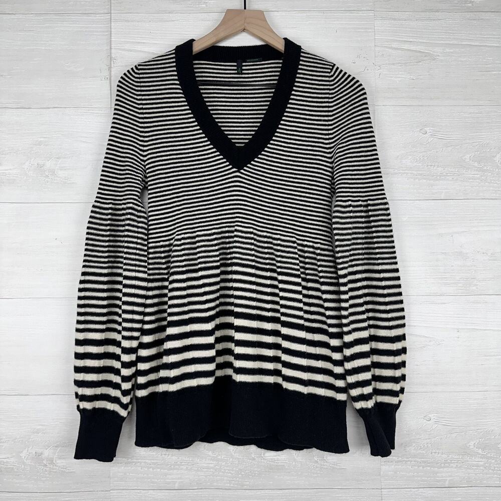 Stile Benetton Wool Blend V-Neck Sweater Women Small Striped Black Grunge Cozy - Picture 12 of 13